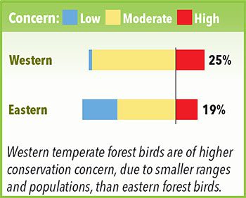 Western Temperate forest birds are of higher conservation concern, due to smaller ranges and populations, than eastern forest birds