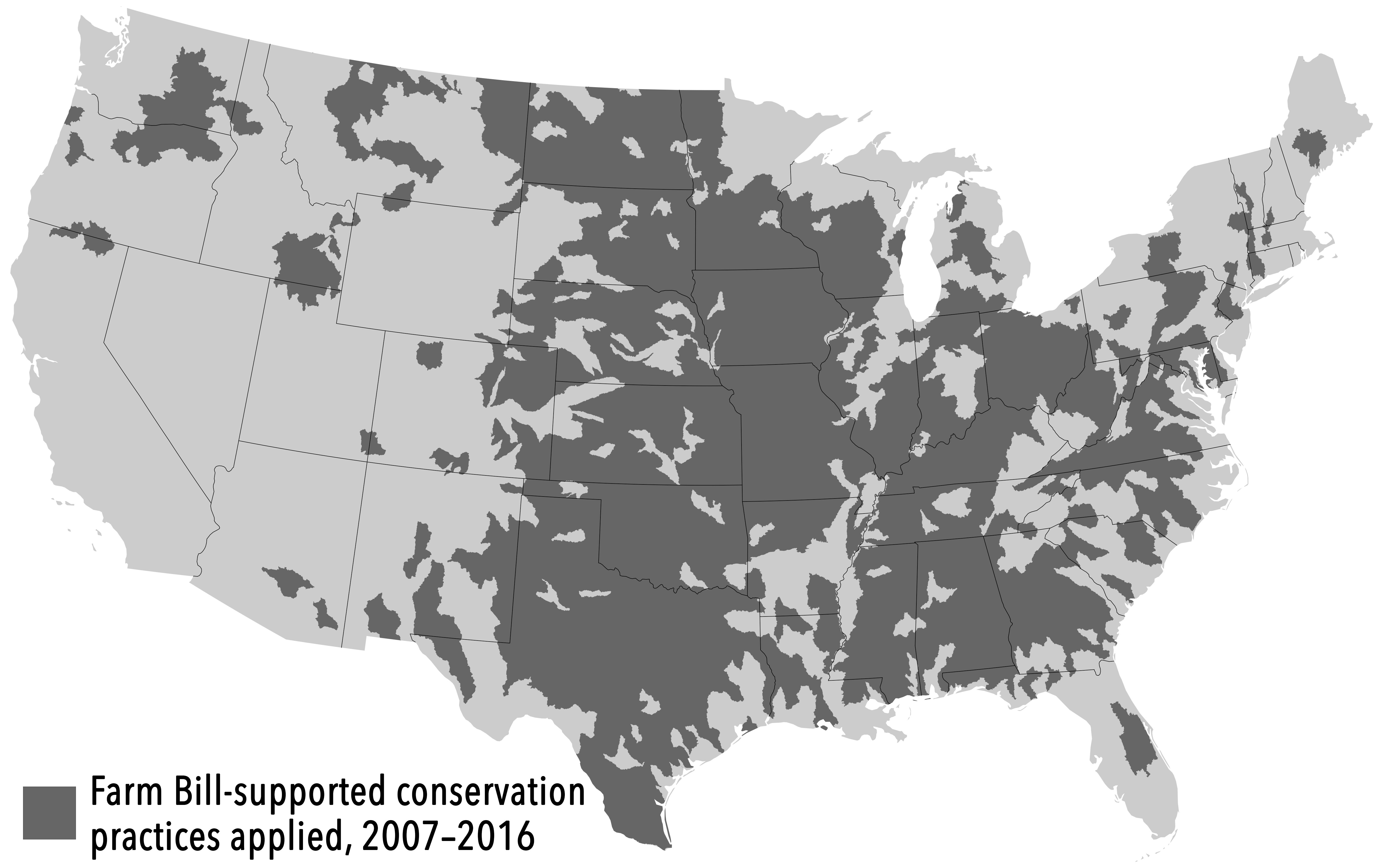 map of farm-bill-supported conservation practices on private lands, 2007-2016