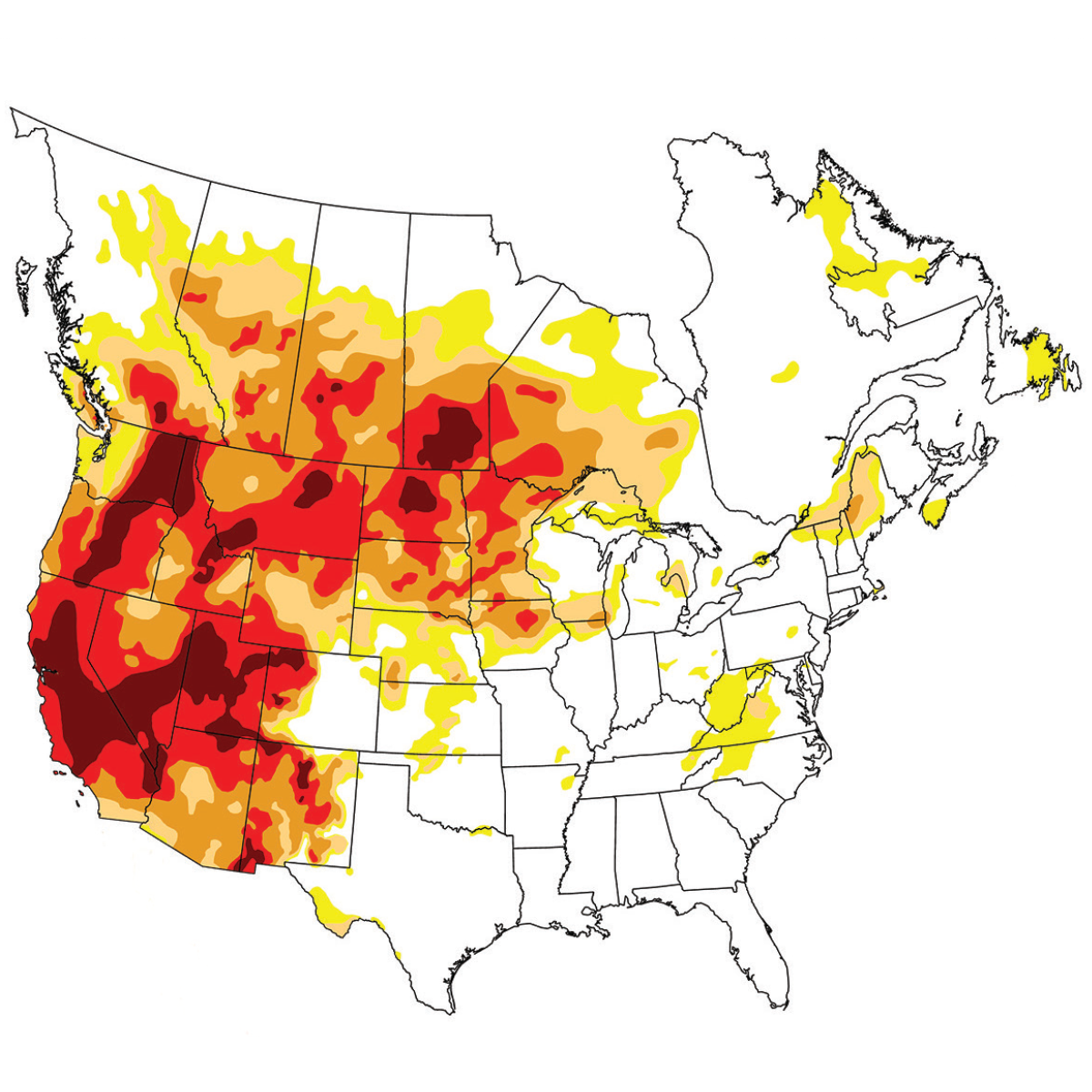 map showing extent and severity of drought in North America
