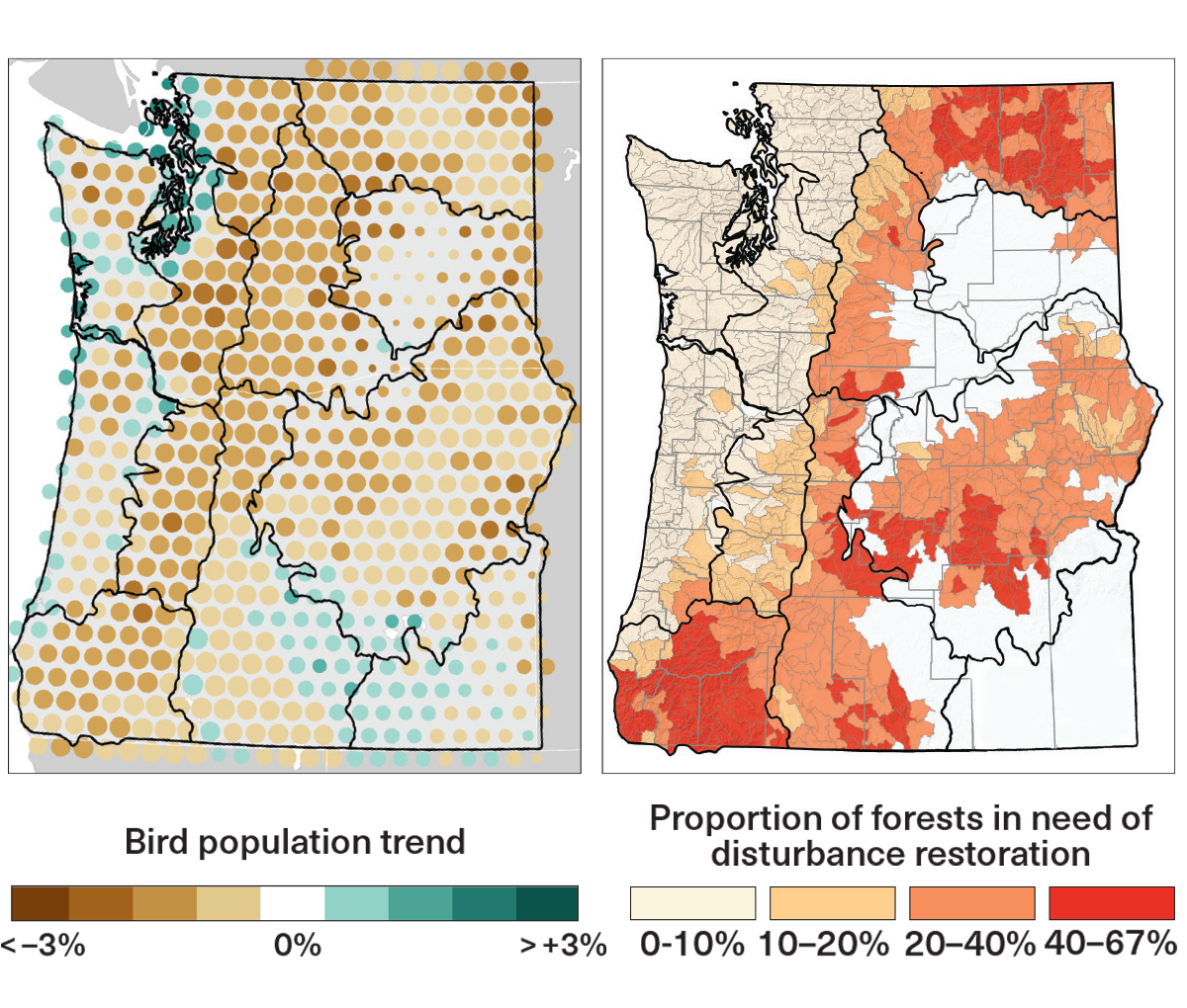 two maps of the Pacific Northwest, comparing bird trends and forest health