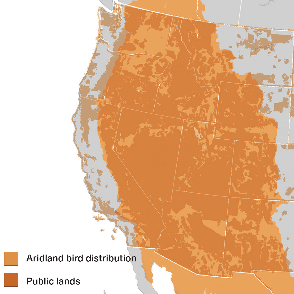 map of western United States showing overlap of aridlands and public lands