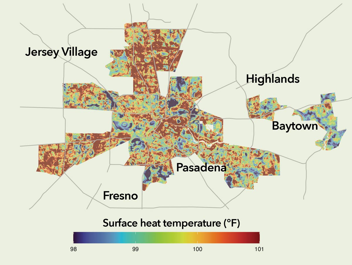 map of heat measurements in different parts of the Houston metro area