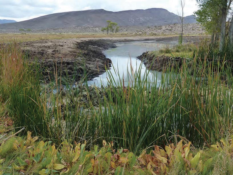 landscape showing a shallow river running through a dry valley