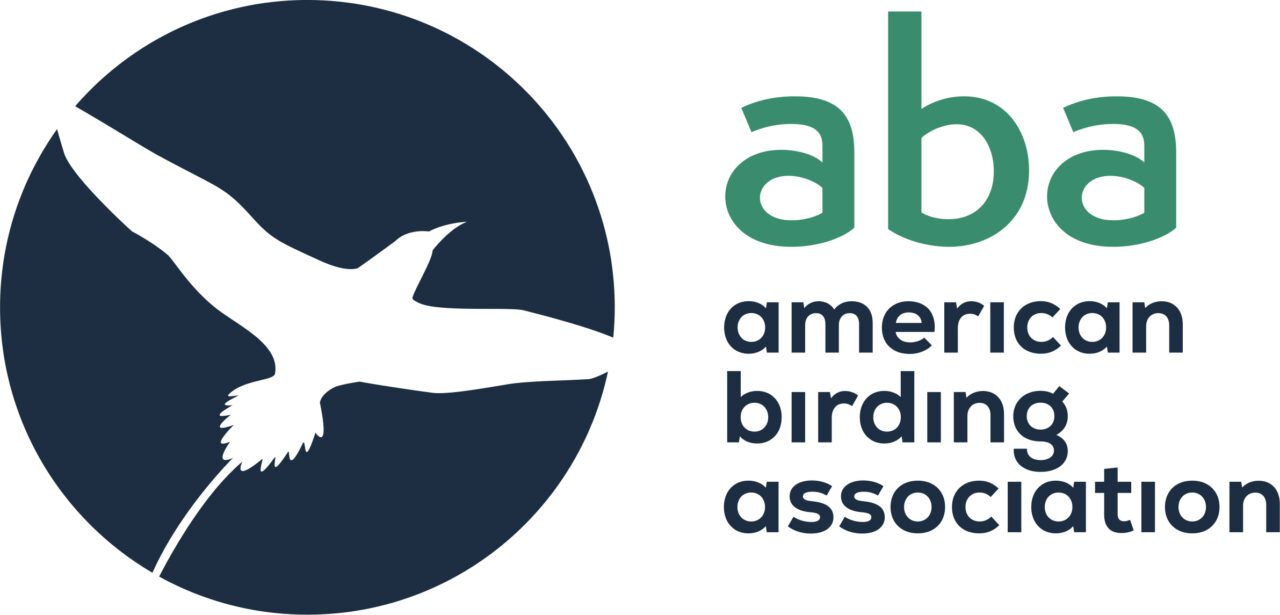 logo with white bird silhouette on dark circle. text: aba american birding association